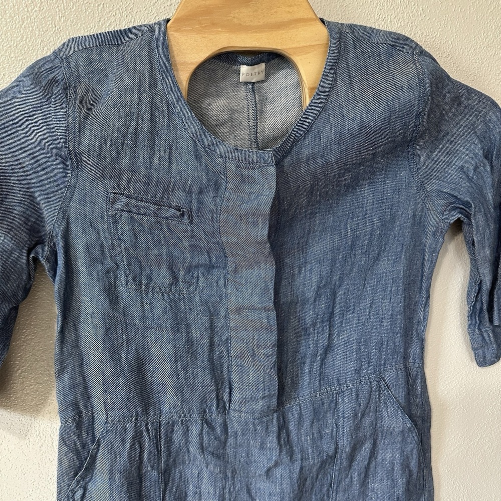 Poetry Dress Sz 10 Blue Linen Relaxed Boho Peasant Pockets 1/2 Button 3/4 Sleeve - Picture 2 of 7